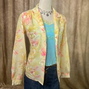 Vintage Floral Top 90s Button Up Blouse Yellow Pink Watercolor Art Pastel Boho